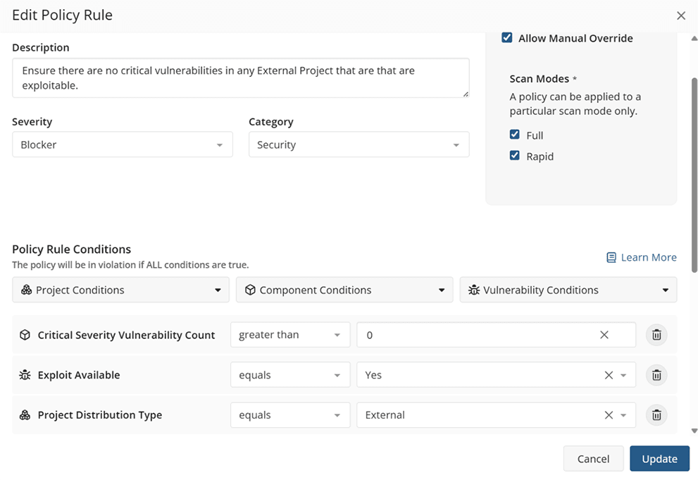 A screenshot of Black Duck SCA UI of the set up of policy rules to help automate activities.
